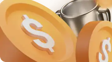 Image featuring large gold coins with dollar signs and a silver trophy in the background, representing the crypto deposit bonus at Money X Online Casino.