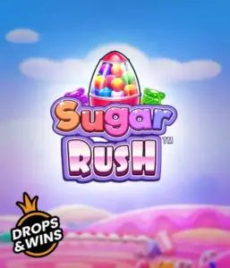 Experience the colorful world of the Sugar Rush slot game by Pragmatic Play, showcasing a bright candy dispenser against a dreamy candyland background. This graphic portrays the playfulness of the game, adorned with bright candies and charming typography. Ideal for candy lovers, delivering endless entertainment. 